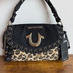 New True Religion Black Denim Leopard Shoulder Handbag Western Horseshoe Cute